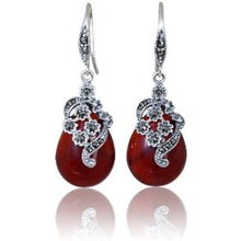 复古典雅之选 925纯银泰银耳环配红玛瑙耳坠